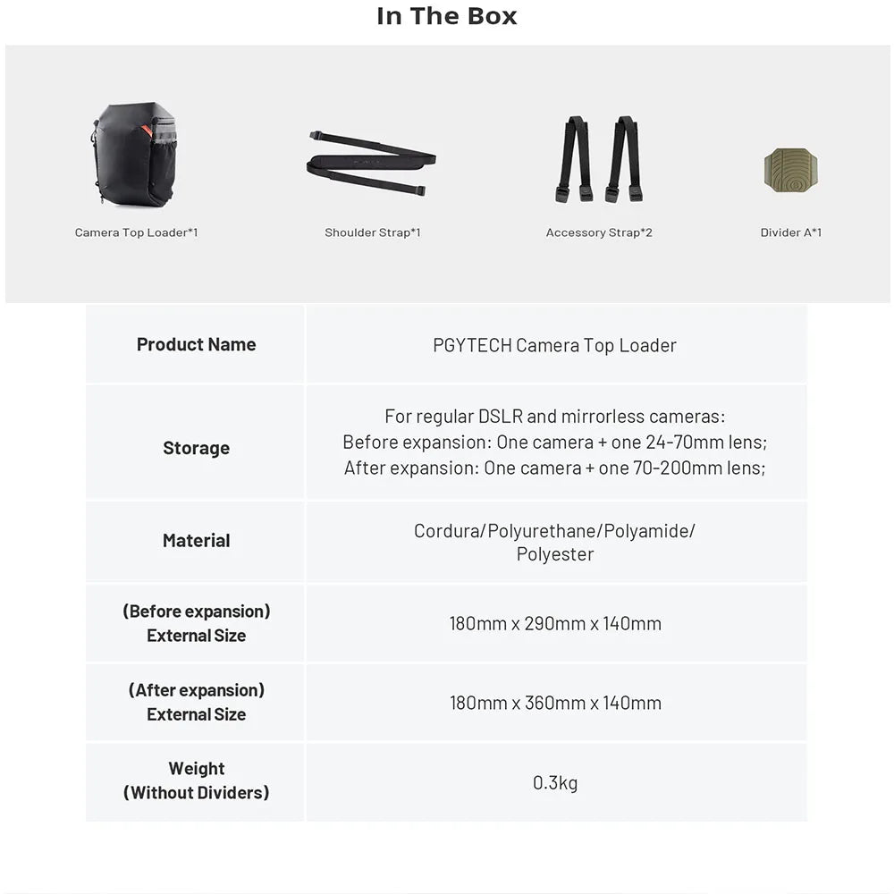 PGYTECH Camera Top Loader Expandable Organizing Pockets For Nikon/Canon/Sony Mirrorless Cameras with Adjustable Shoulder Strap-7