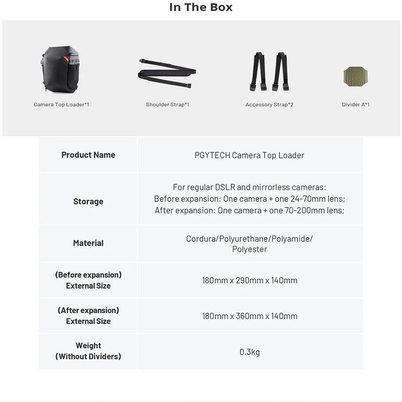 PGYTECH Camera Top Loader Expandable Organizing Pockets For Nikon/Canon/Sony Mirrorless Cameras with Adjustable Shoulder Strap-7