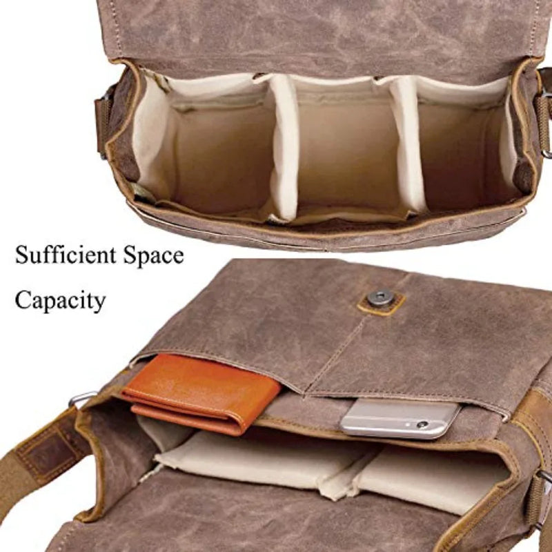 SLR Camera Bag, Waterproof Wax Canvas Bag Vintage Camera Case Messenger Bag with Interlayer Pad-3