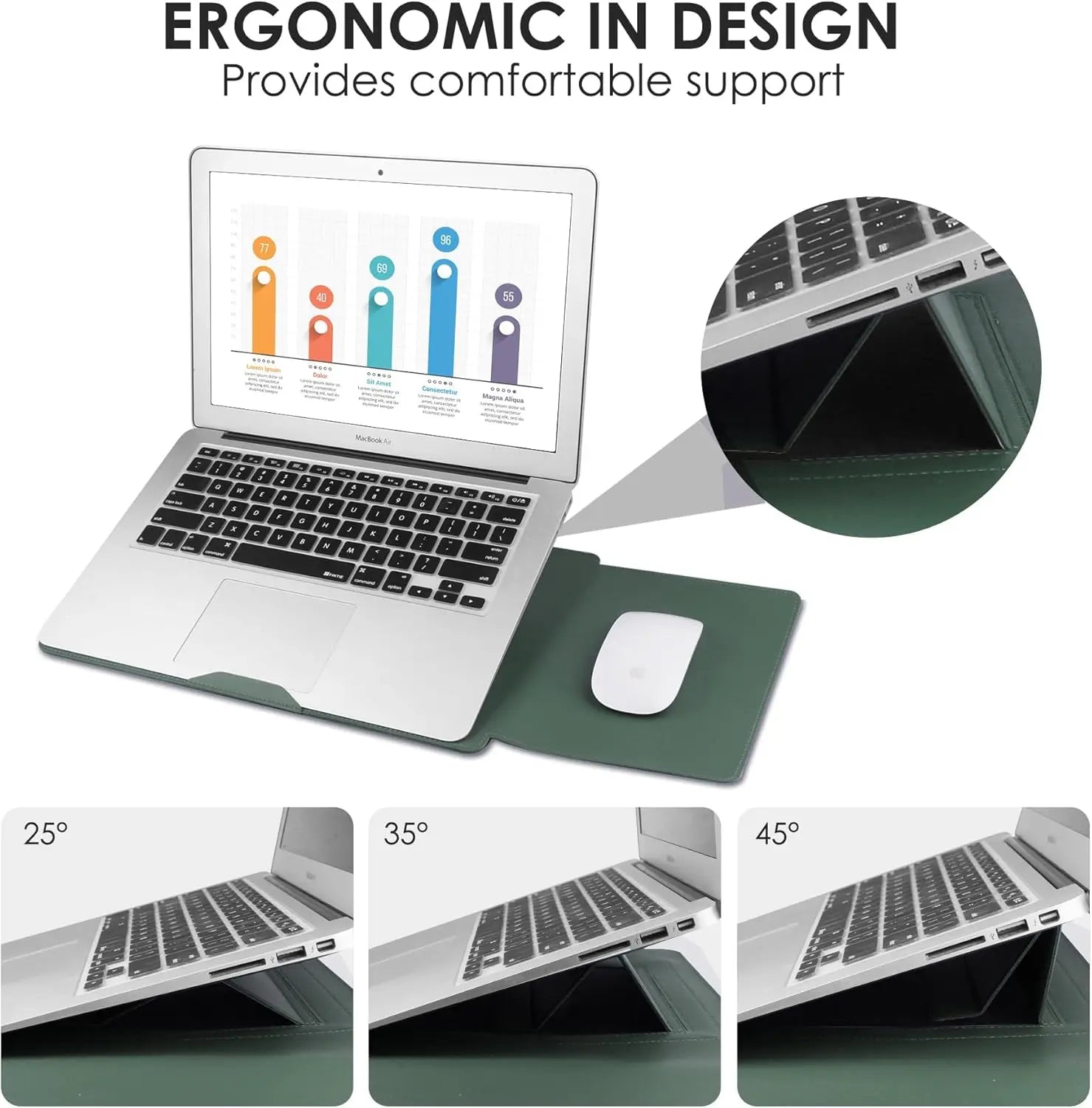 13-14" Laptop Sleeve Case with Adjustable Stand, Waterproof Leather, Green-11