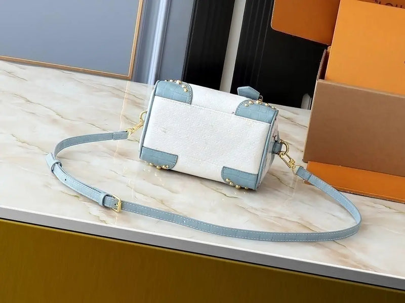 Two-Tone White Light Blue Croc Leather Mini Boston Bag, Bow Decor Gold Lock Key Rivet Detail Detachable Cross Strap Handbag.-5