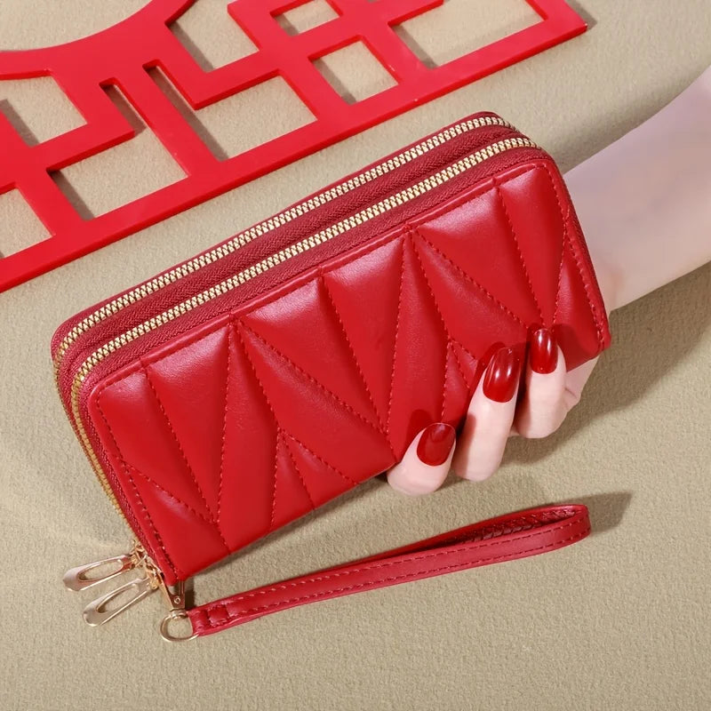 Classic Ladies Double Zip Long Wallet, Casual Style, Faux Leather, Card Holder and Change Bag, Nylon Lined, Zip Pocket-9
