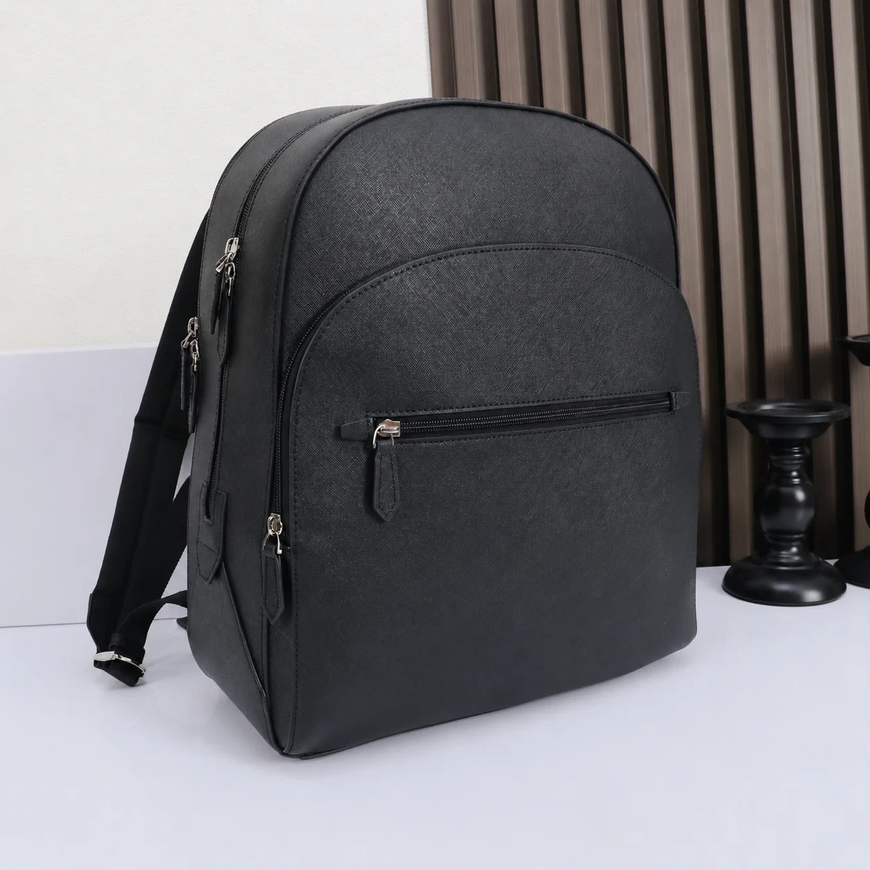 Men's Backpack Luxury Designer Genuine Leather Saffiano Laptop Bag Business Travel Rucksack Daypack With Luggage Strap Classic Black-9
