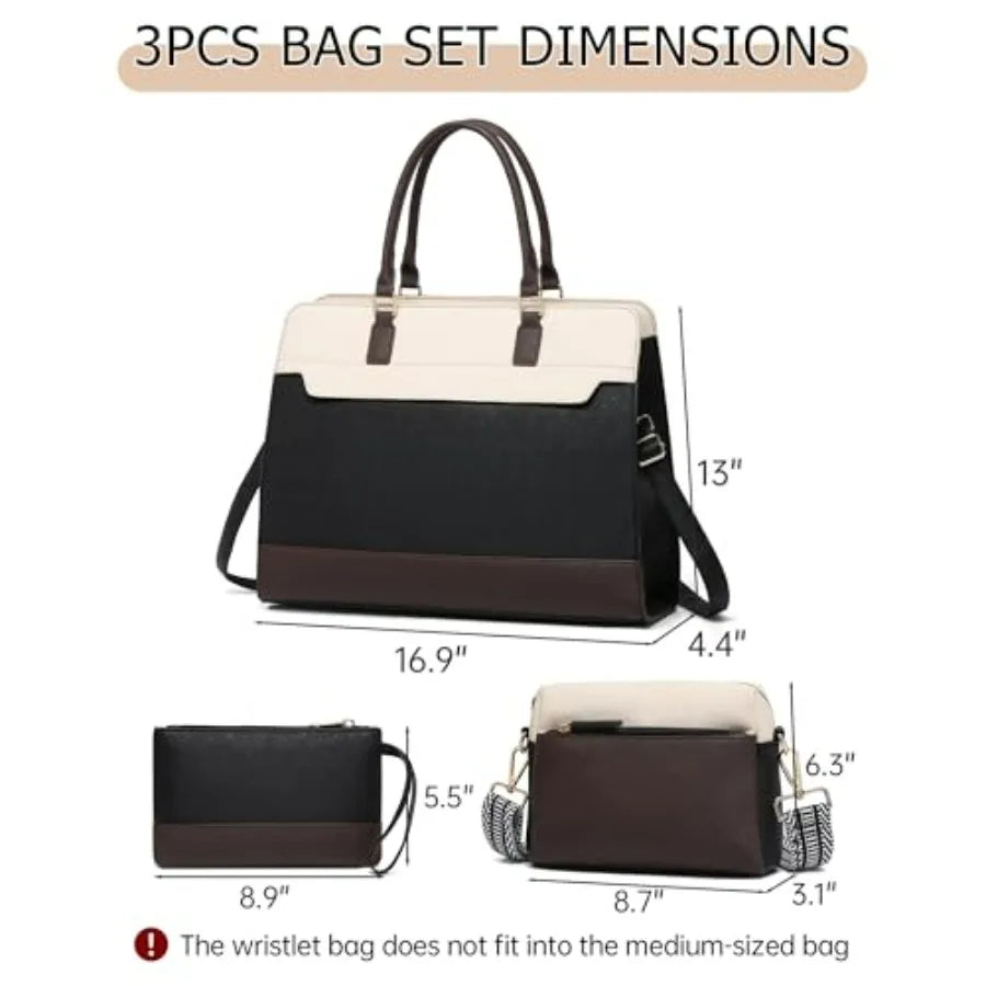 Laptop Bag for Women, 3PCS Vegan Leather Tote Bag for Work with 2 Straps, Teacher Purse Office Handbag Computer Briefcase-3