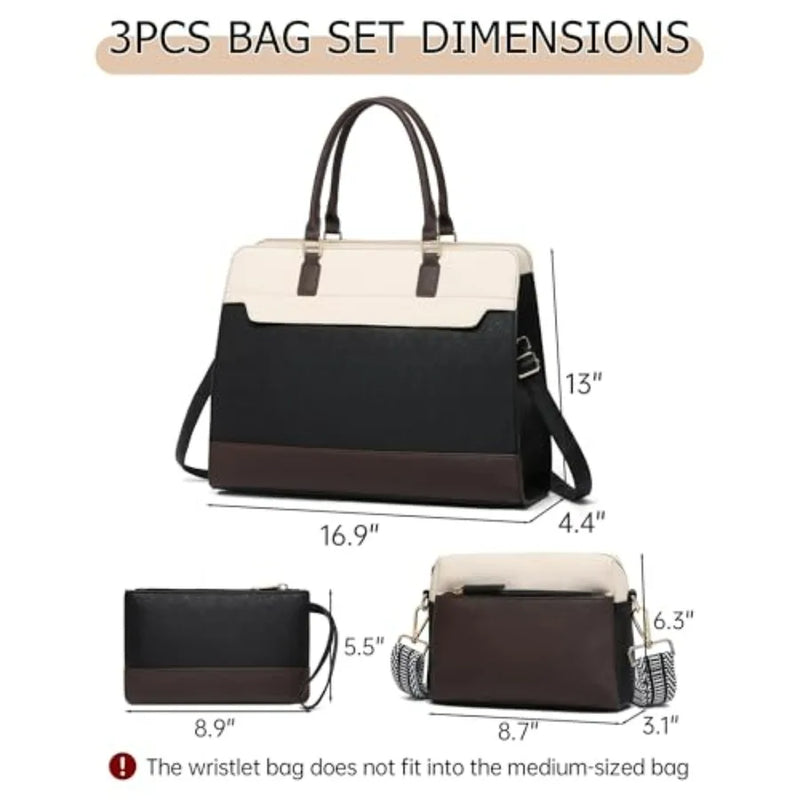 Laptop Bag for Women, 3PCS Vegan Leather Tote Bag for Work with 2 Straps, Teacher Purse Office Handbag Computer Briefcase-3