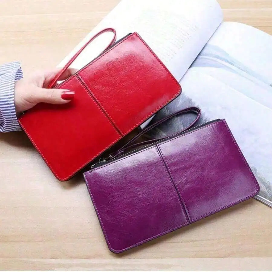 Women Vintage Oil Wax Leather Zipper Clutch Wristlet Wallet Large Capacity Card Holder