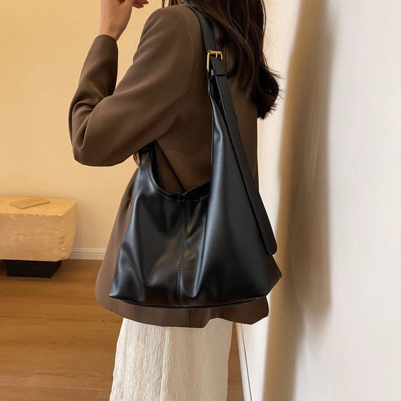 Women Hobo Bag Simple PU Leather Solid Shoulder Bag Fashion Large Capacity Tote Handbag Slouchy Underarm Bag-17