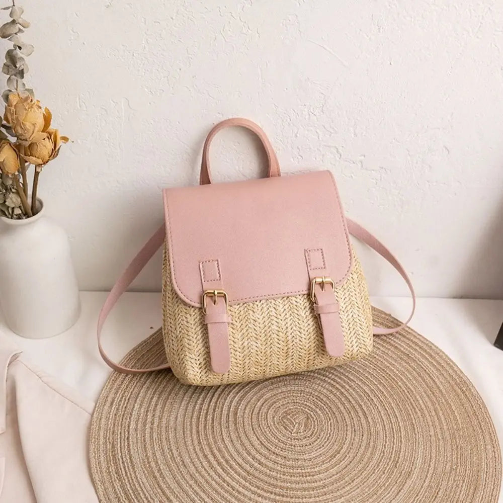 Fashion PU Leather Straw Backpack Retro Design Elegant Look Woven Backpack Luxury Vintage Style Satchel Bag All-match Style-5