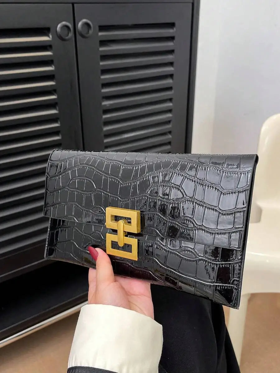 Red Crocodile Texture Clutch Bag With Gold Tone Lock Closure For Evening Party-5