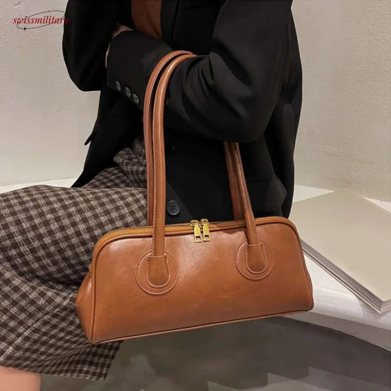 2025 New Boston Pillow Tote Women Real Leather Retro Bowling Bag Designer Handbag Large Capacity Crossbody Bags #54-26