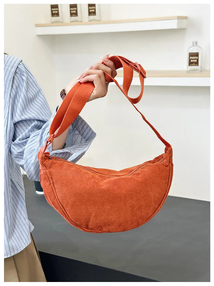 Solid Color Corduroy Women's Hobos Shoulder Bag Retro Casual Female Crossbody Bags Ladies Daily Travel Handbags Messenger Bag-33
