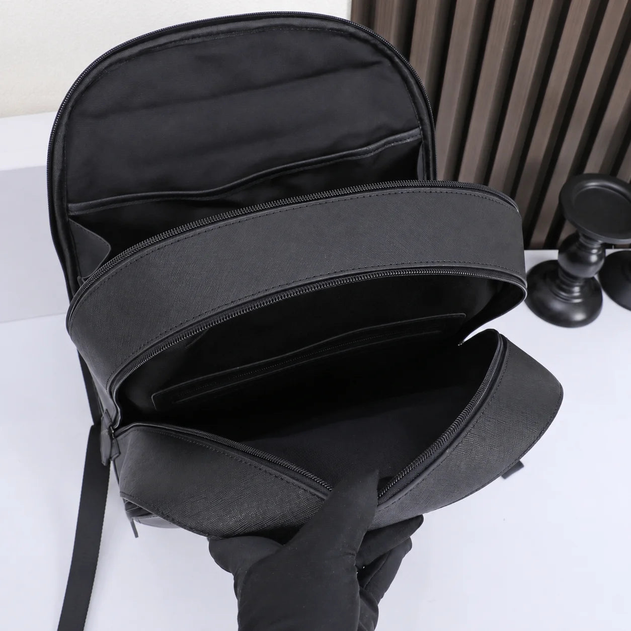 Men's Backpack Luxury Designer Genuine Leather Saffiano Laptop Bag Business Travel Rucksack Daypack With Luggage Strap Classic Black-13