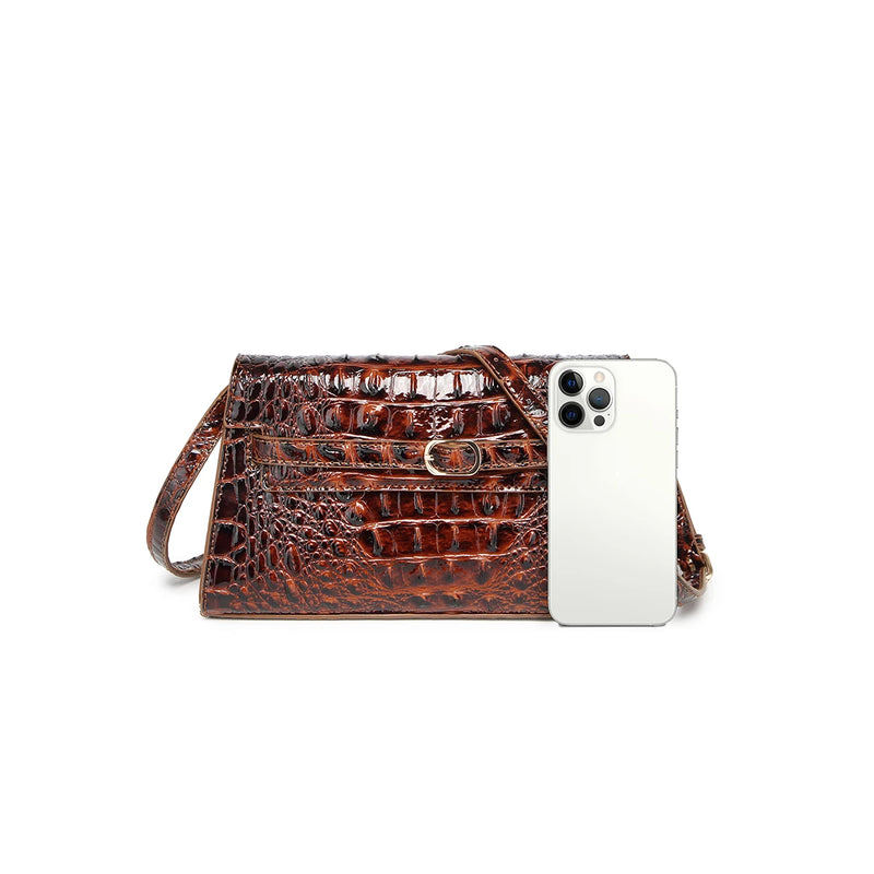Women Rectangular Shoulder Crossbody Bag with Strap, Croc Embossed Structured Flap Handbag, Lightweight Pouch for Outdoor Camping Commute, Magnetic Snap Closure Multi Compartment Sling Purse for Phone Cosmetics Essentials-6