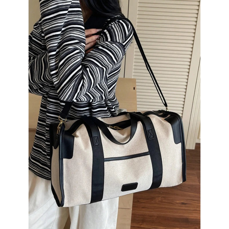 Large Duffel Bag Travel Contrast Color Boston Shoulder Bag Black Brown Beige for Luggage Suitcase-4