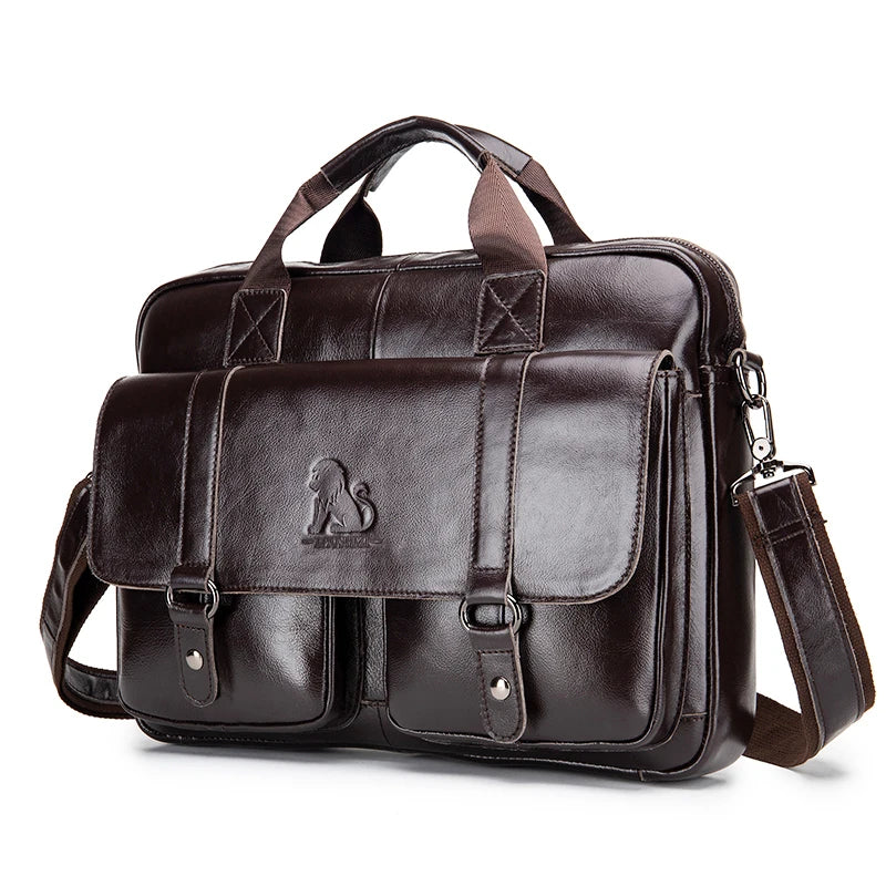 Genuine Leather Men Briefcase Double Front Pockets Large Capacity Laptop Bag Diagonal Cross Shoulder Handbag-20