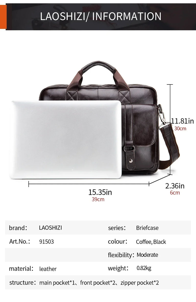 Genuine Leather Men Briefcase Double Front Pockets Large Capacity Laptop Bag Diagonal Cross Shoulder Handbag-12