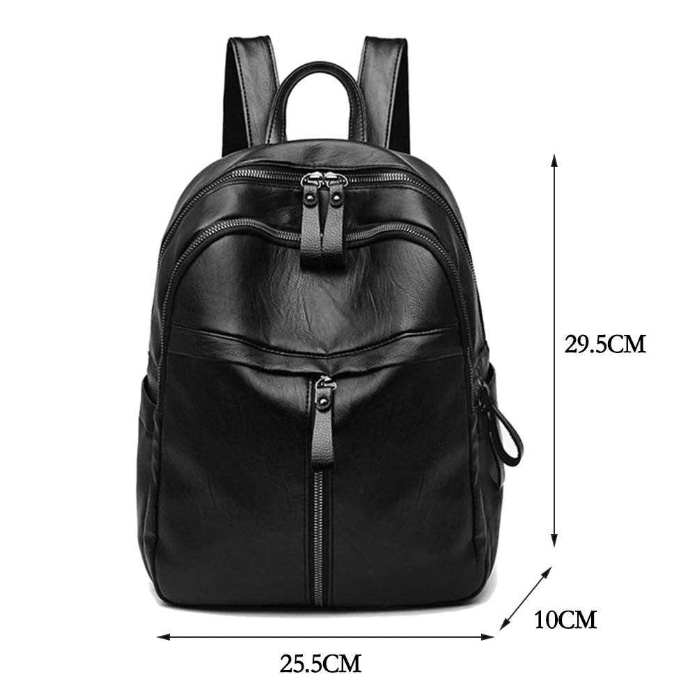 Popular Women Large Capacity Travel Knapsacks Solid Color PU Leather Shoulder Backpacks  Zipper Rucksack-6