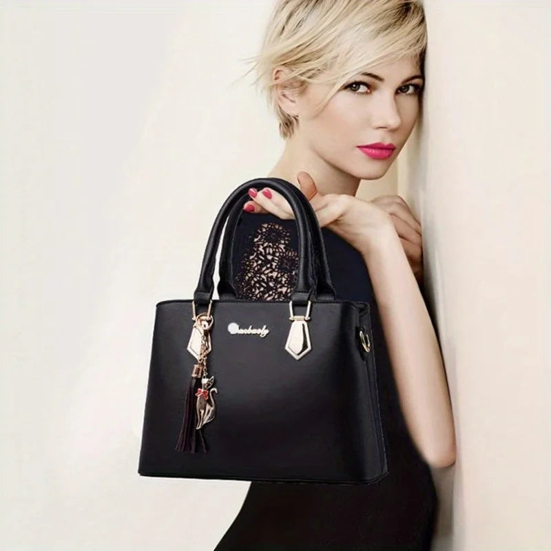 2Pcs Women Handbag Set Elegant Black PU Leather Large Capacity Tote Handbag Designer Small Crossbody Messenger Bag Ladies Wedding Party Shoulder Bags Gift For Women-8