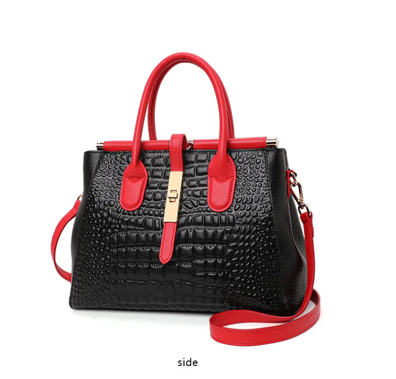 New Croc Texture Cowhide Tote Bag Women Red Contrast Handle Metal Lock Adjustable Crossbody Daily Handbag-15