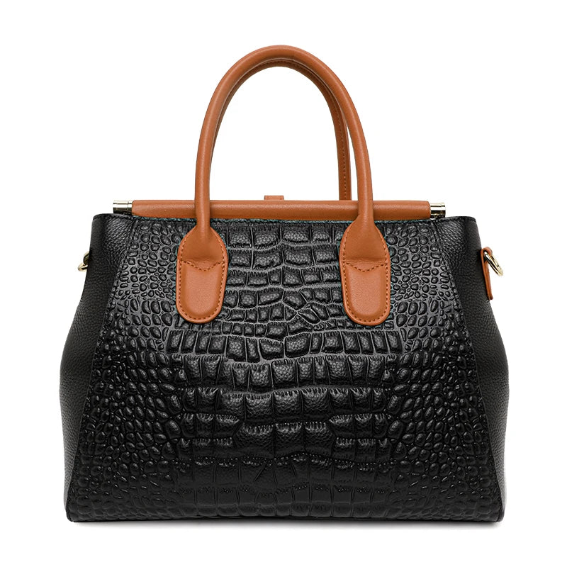 New Croc Pattern Cowhide Tote Bag Women Brown Contrast Handle Metal Lock Adjustable Crossbody Daily Handbag-2