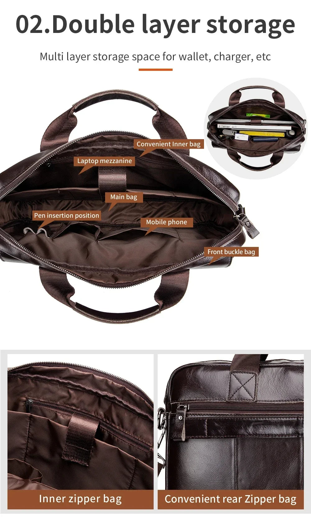 Genuine Leather Men Briefcase Double Front Pockets Large Capacity Laptop Bag Diagonal Cross Shoulder Handbag-10