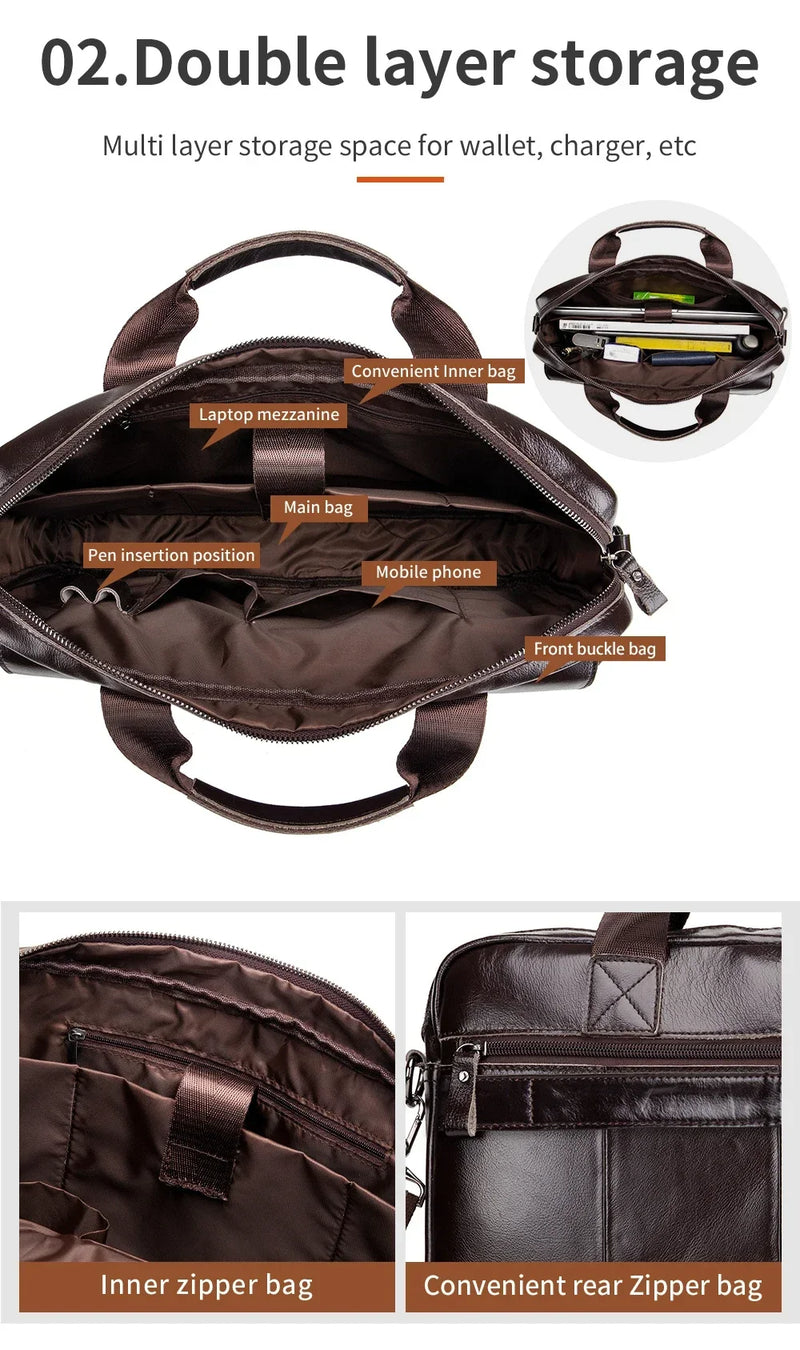 Genuine Leather Men Briefcase Double Front Pockets Large Capacity Laptop Bag Diagonal Cross Shoulder Handbag-10