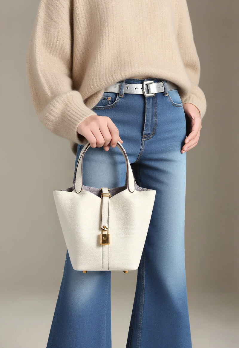 2025 Casual Fashion Female Genuine Leather Bucket Bag Luxury Handbag High-End Tote Bag Woman Cow Leather Mommy Bag & Metal Lock-2