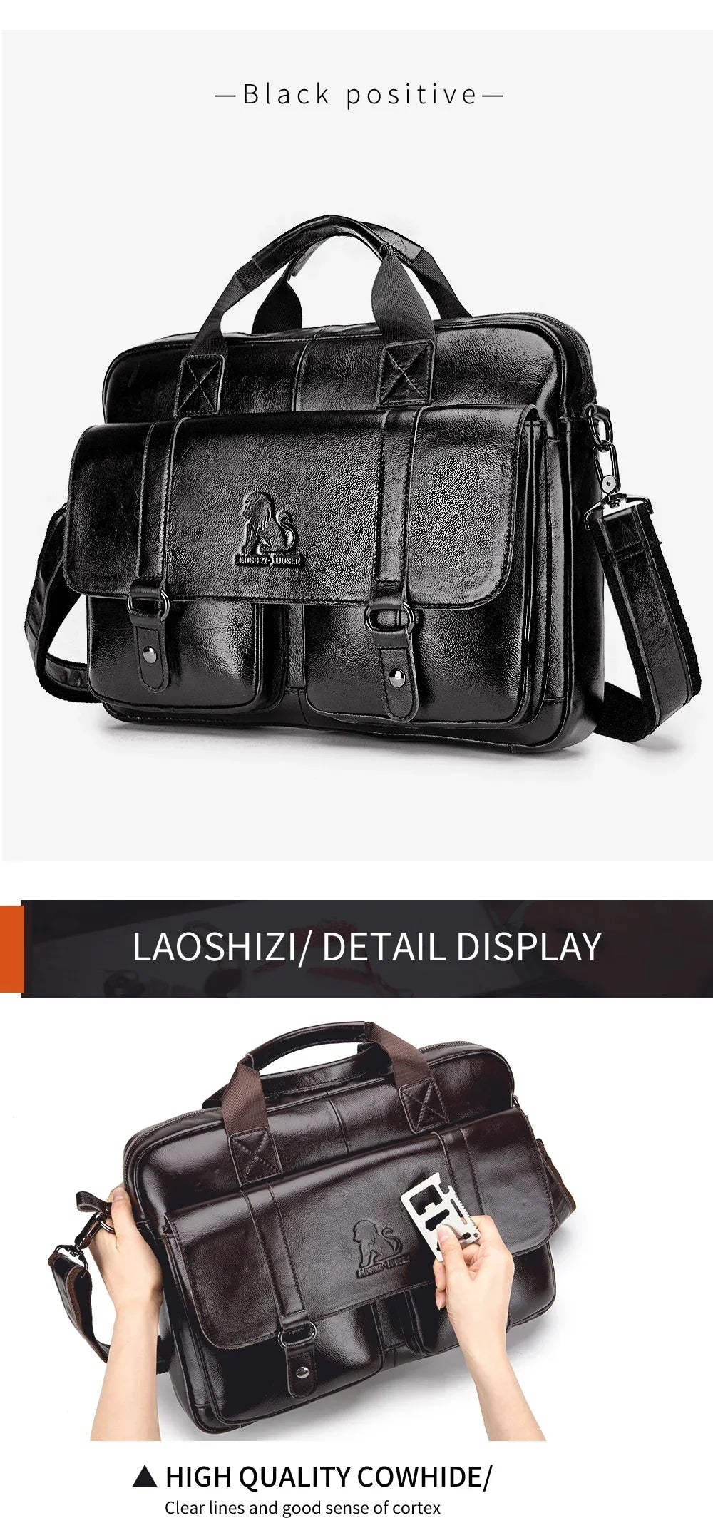 Genuine Leather Men Briefcase Double Front Pockets Large Capacity Laptop Bag Diagonal Cross Shoulder Handbag-18