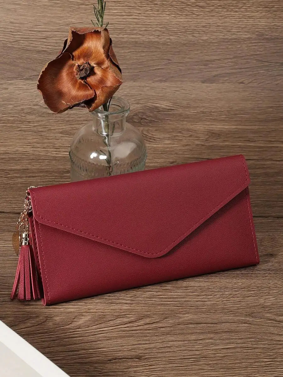 Red Fold Over Women Wallet Large Capacity Credit Card Zipper ID Cash Storage Business Casual-5