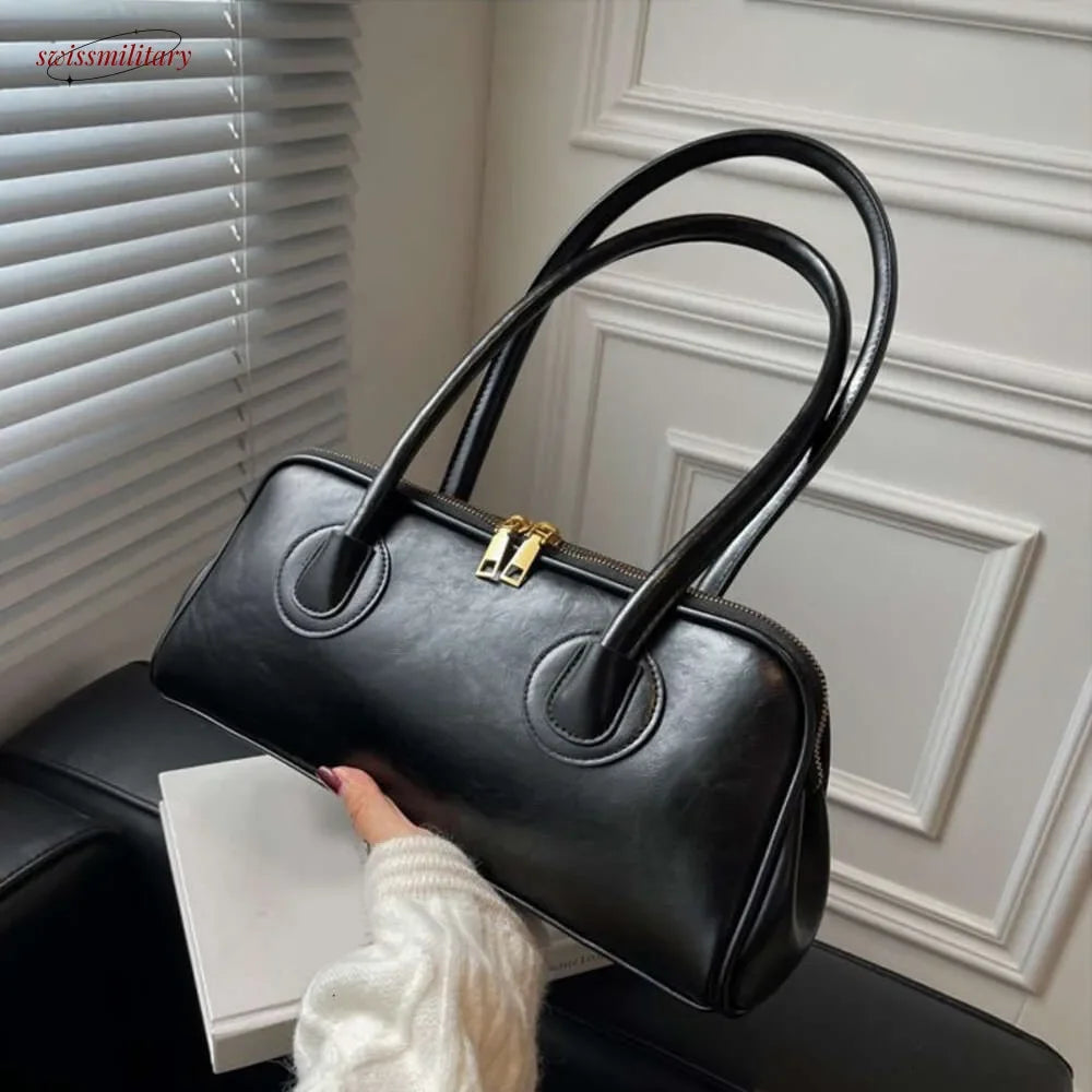 2025 New Boston Pillow Tote Women Real Leather Retro Bowling Bag Designer Handbag Large Capacity Crossbody Bags #54-29
