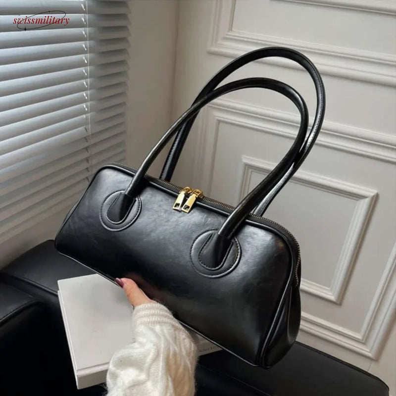 2025 New Boston Pillow Tote Women Real Leather Retro Bowling Bag Designer Handbag Large Capacity Crossbody Bags #54-29