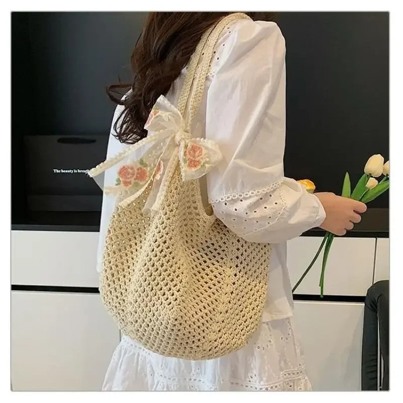 Handmade Wicker Tote Bag Large Capacity Single Shoulder Natural Rattan Casual Light Beach Vacation Daily Women Messenger Bag-21