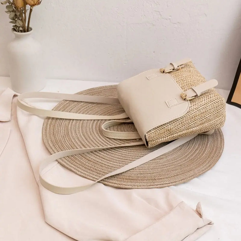 Fashion PU Leather Straw Backpack Retro Design Elegant Look Woven Backpack Luxury Vintage Style Satchel Bag All-match Style-4