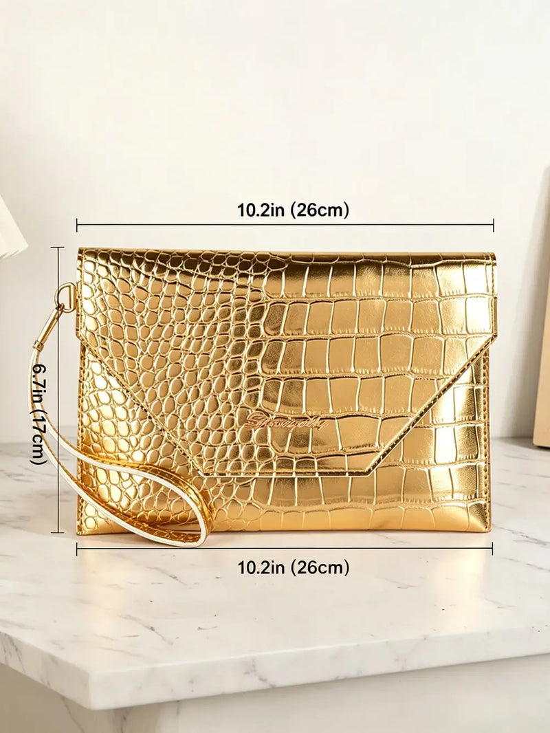 Gold Crocodile Texture Envelope Clutch for Women, Shiny Metal Bar Shoulder Strap, Fits Phones & Coins, Great for Dates, Commutes, Beach, Weddings & Parties-7