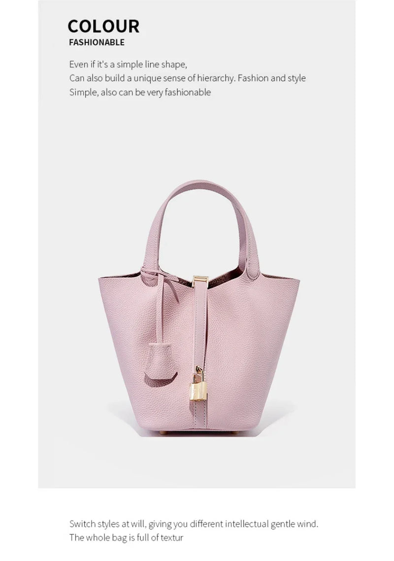 2025 Casual Fashion Female Genuine Leather Bucket Bag Luxury Handbag High-End Tote Bag Woman Cow Leather Mommy Bag & Metal Lock-35