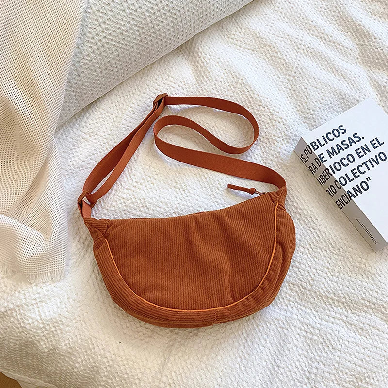 Solid Color Corduroy Women's Hobos Shoulder Bag Retro Casual Female Crossbody Bags Ladies Daily Travel Handbags Messenger Bag-15