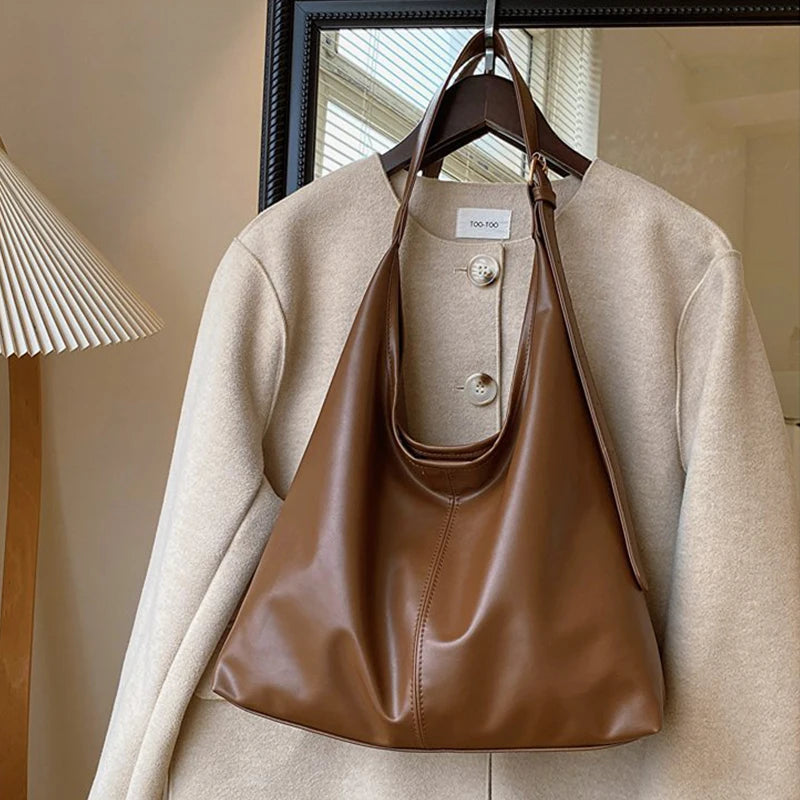 Women Hobo Bag Simple PU Leather Solid Shoulder Bag Fashion Large Capacity Tote Handbag Slouchy Underarm Bag-28