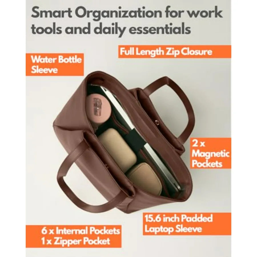 Work Tote Bags for Women 15.6 Inch - Laptop Tote Bag with Zip Compartments - Large PU Leather Office Purse Computer Briefcase-4