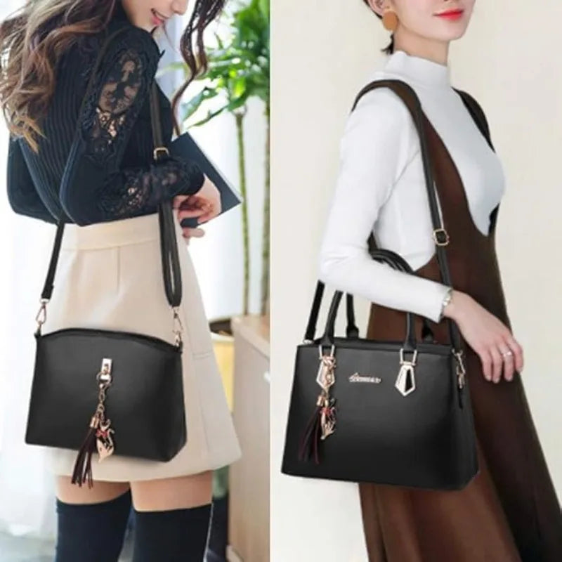 2Pcs Women Handbag Set Elegant Black PU Leather Large Capacity Tote Handbag Designer Small Crossbody Messenger Bag Ladies Wedding Party Shoulder Bags Gift For Women-7