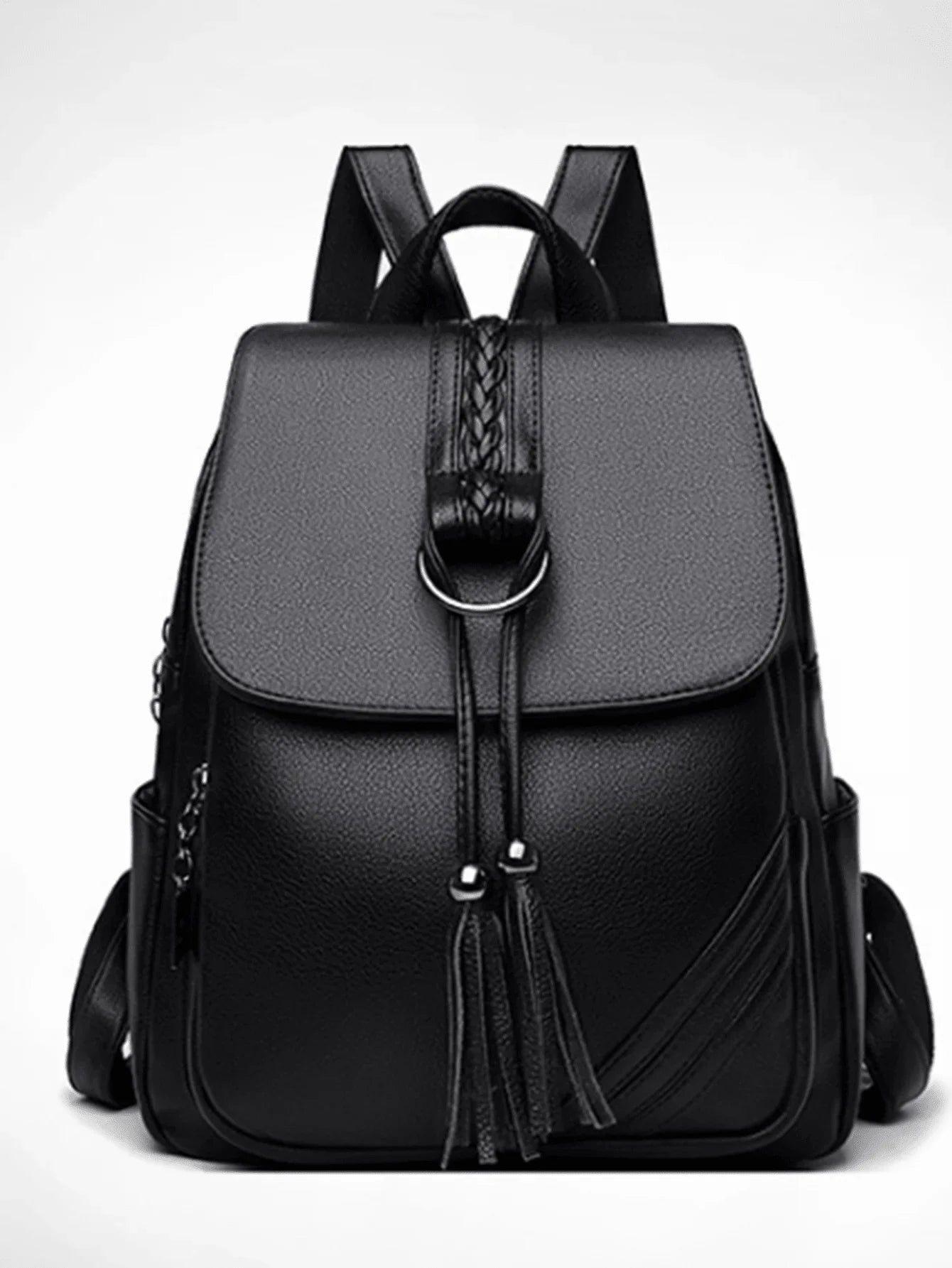 Elegant Faux Leather Womens Backpack With Tassel And Braided Detail-1