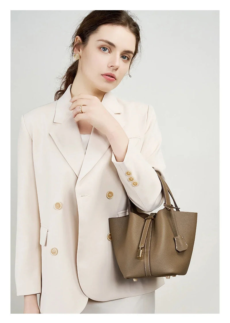 2025 Casual Fashion Female Genuine Leather Bucket Bag Luxury Handbag High-End Tote Bag Woman Cow Leather Mommy Bag & Metal Lock-23
