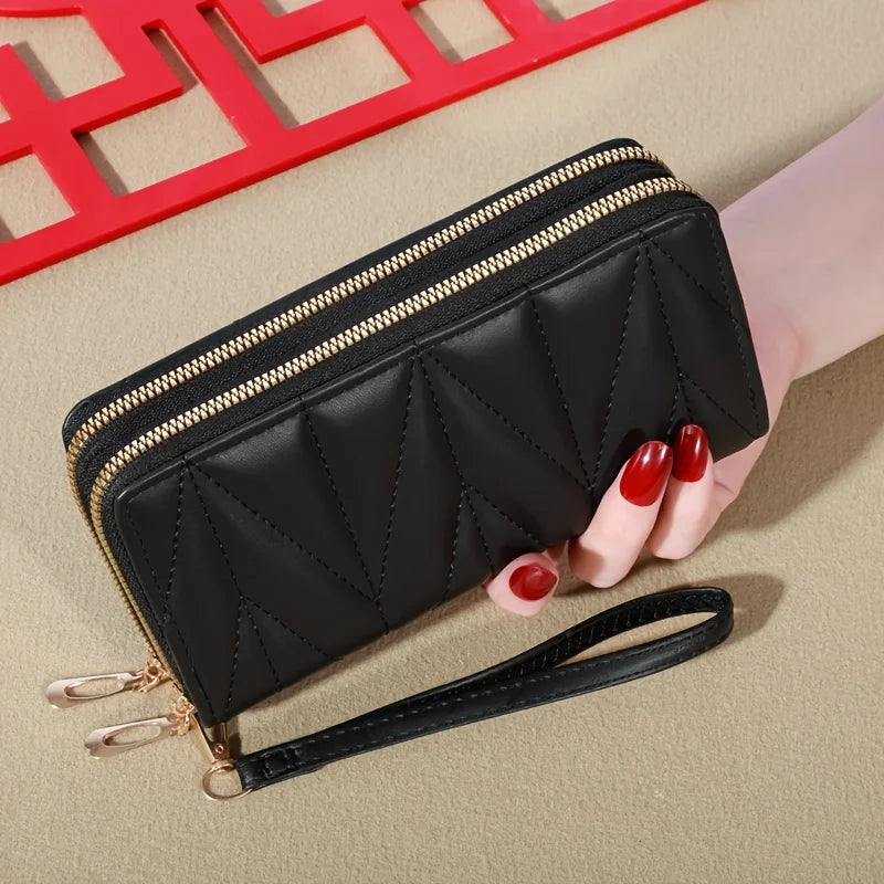 Classic Ladies Double Zip Long Wallet, Casual Style, Faux Leather, Card Holder and Change Bag, Nylon Lined, Zip Pocket-8