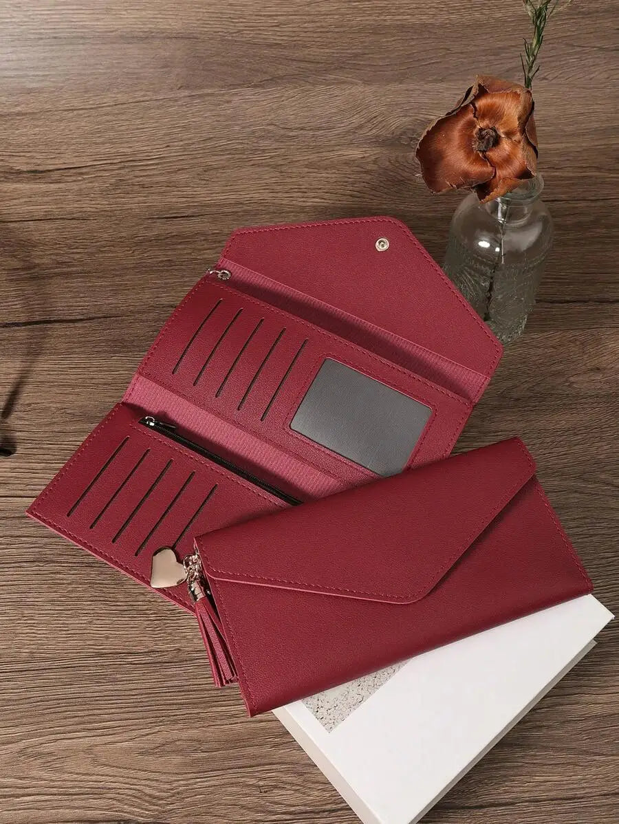 Red Fold Over Women Wallet Large Capacity Credit Card Zipper ID Cash Storage Business Casual-1