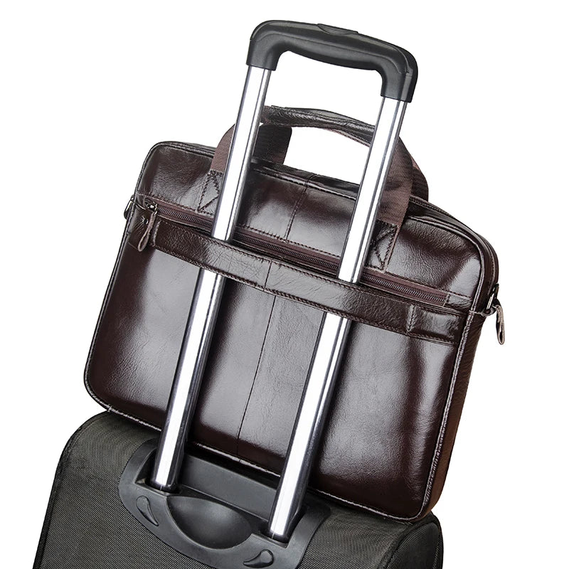 Genuine Leather Men Briefcase Double Front Pockets Large Capacity Laptop Bag Diagonal Cross Shoulder Handbag-2