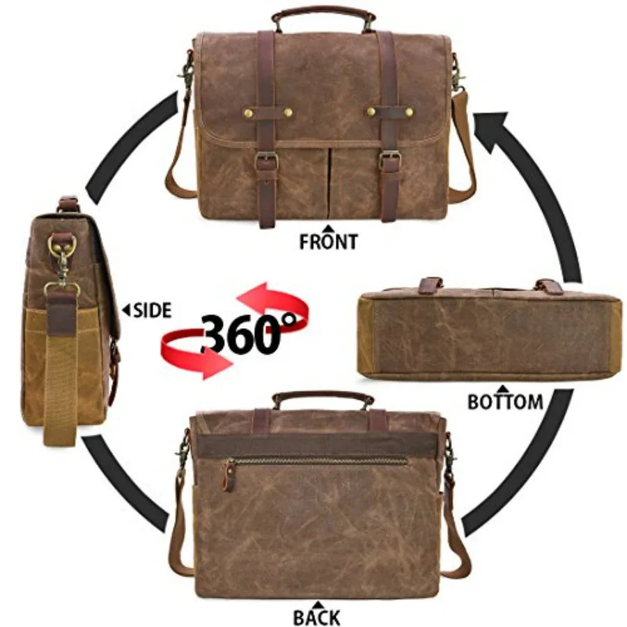 Mens Messenger Bag 15.6 Inch Waterproof Vintage Genuine Leather Waxed Canvas Briefcase Large Leather Computer Laptop Bag Rugged-6