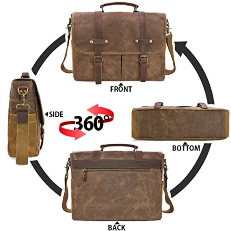 Mens Messenger Bag 15.6 Inch Waterproof Vintage Genuine Leather Waxed Canvas Briefcase Large Leather Computer Laptop Bag Rugged-6