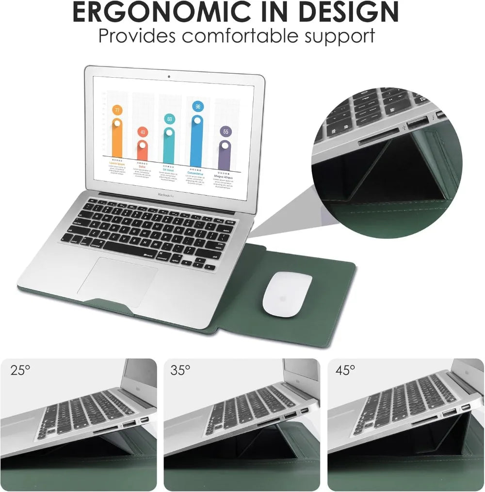 13-14" Laptop Sleeve Case with Adjustable Stand, Waterproof Leather, Green-5