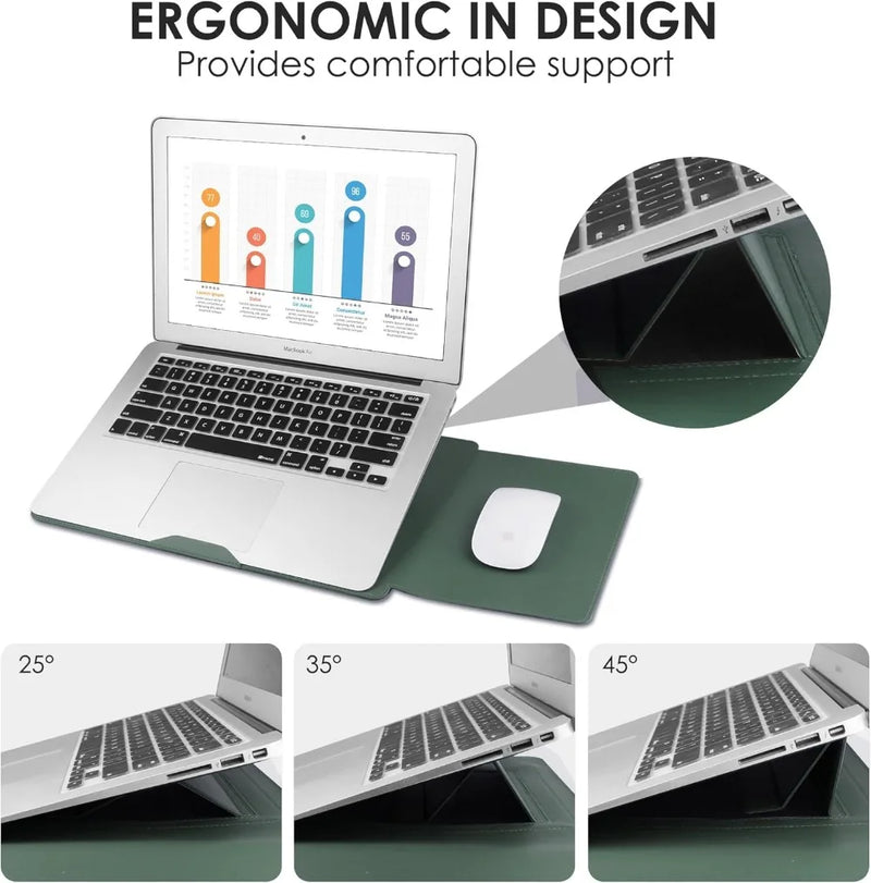 13-14" Laptop Sleeve Case with Adjustable Stand, Waterproof Leather, Green-5
