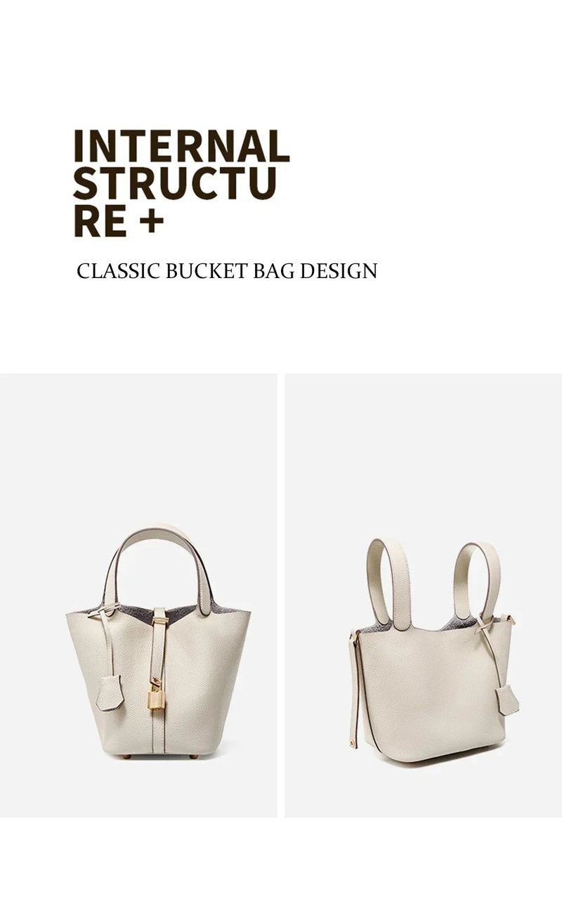 2025 Casual Fashion Female Genuine Leather Bucket Bag Luxury Handbag High-End Tote Bag Woman Cow Leather Mommy Bag & Metal Lock-17