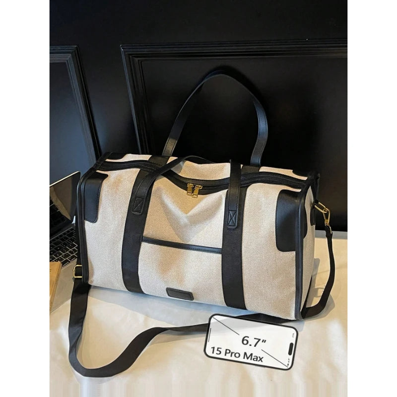 Large Duffel Bag Travel Contrast Color Boston Shoulder Bag Black Brown Beige for Luggage Suitcase-5